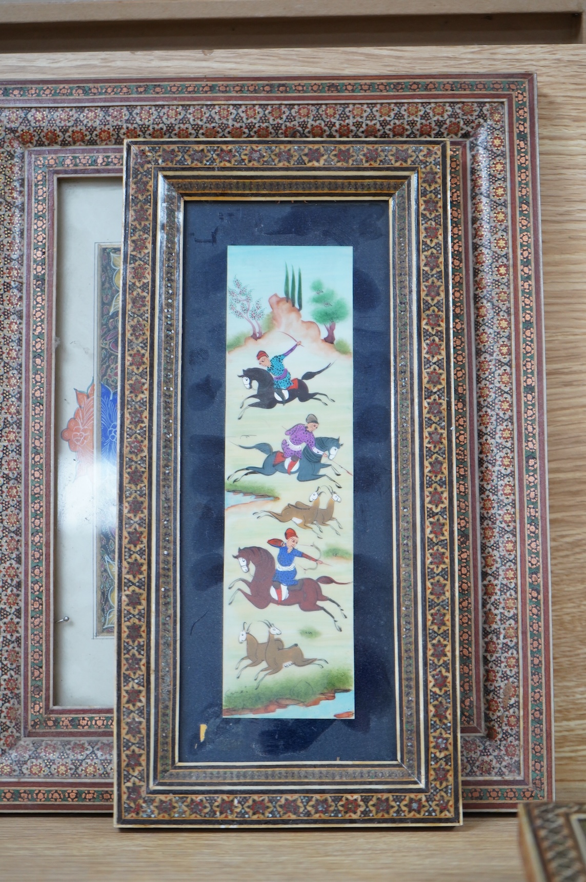 Four Indian school watercolours, Figures on horseback, housed in vizagapatam frames, largest 23 x 17cm
